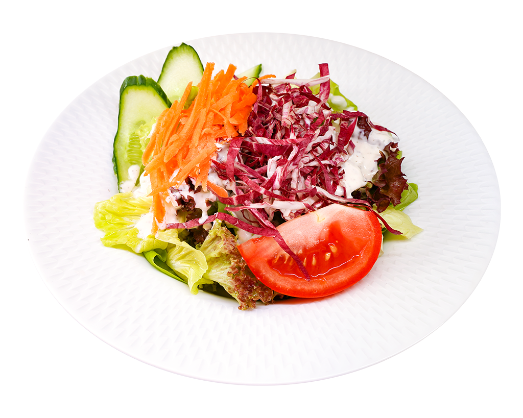 Bunter gemischter Beilagensalat mit Joghurt-Dressing Frischer Beilagensalat mit Gurke, Tomate, Karotten, Radicchio und Dressing