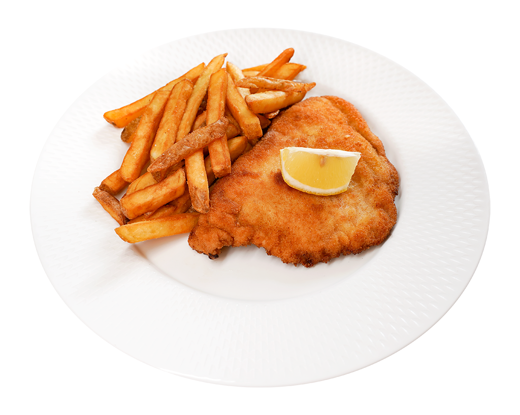 Schnitzel Wiener Art mit Pommes Klassisches Schnitzel Wiener Art mit Zitrone und Pommes frites