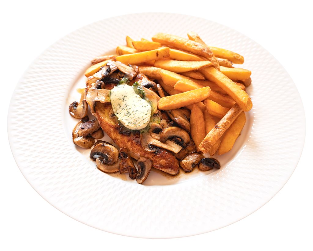 Gegrillte Hähnchenbrust mit Champignons und Pommes Gegrillte Hähnchenbrust mit frischen Champignons, Kräuterbutter und Pommes