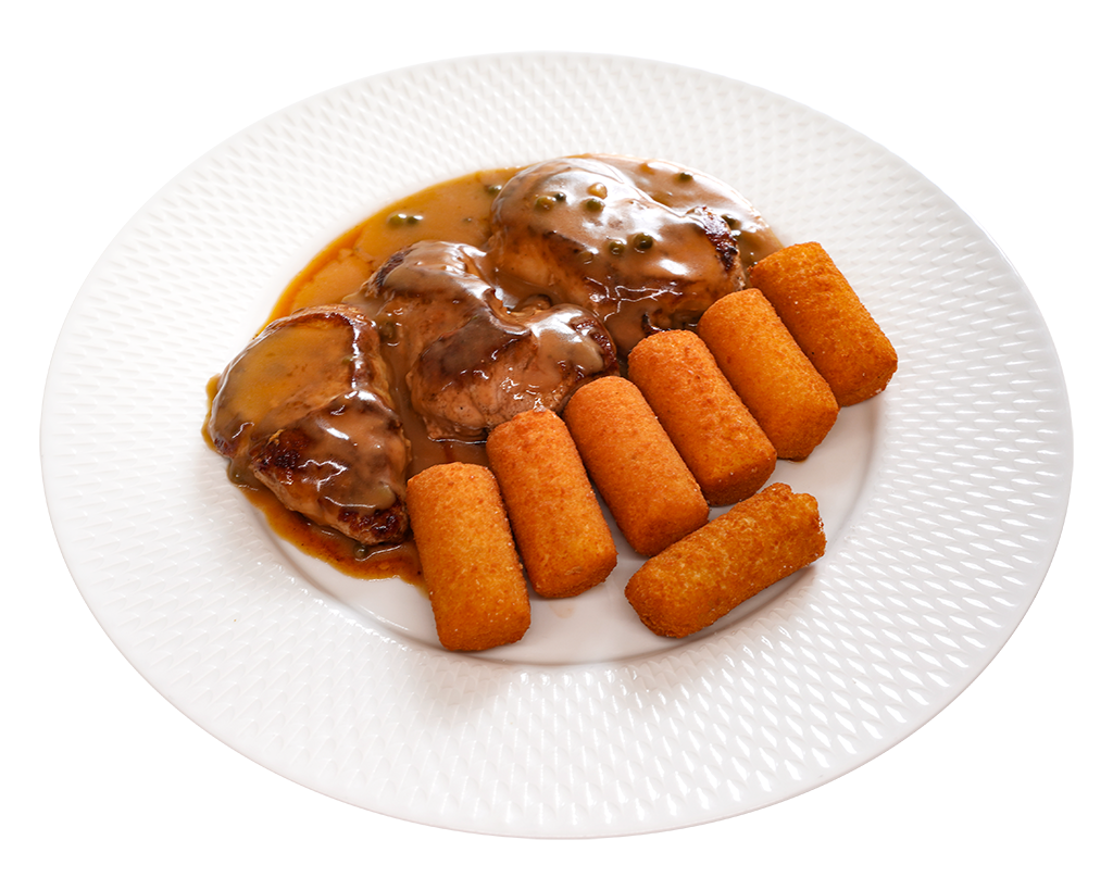 Schweinemedaillons mit Pfeffersoße und Kroketten Gegrillte Schweinemedaillons mit grüner Pfeffersoße und Kroketten