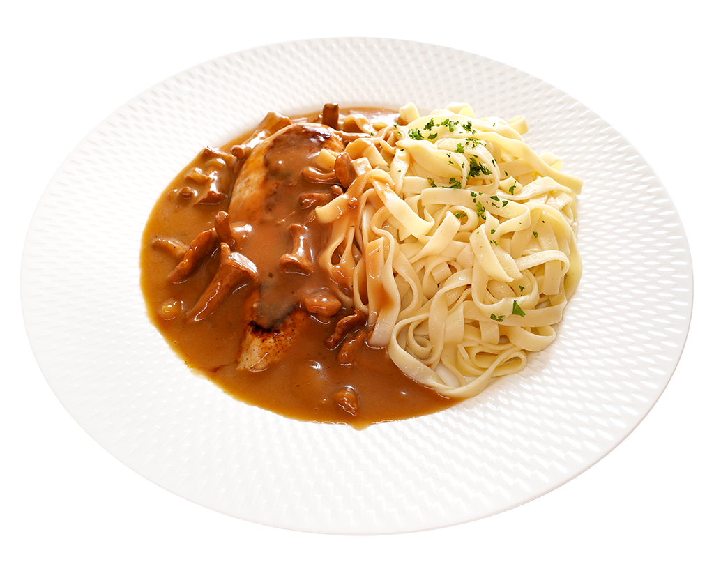 Hähnchenbrust mit Pfifferling-Rahmsoße und Tagliatelle Hähnchenbrust in Pfifferling-Rahmsoße mit Tagliatelle und Petersilie