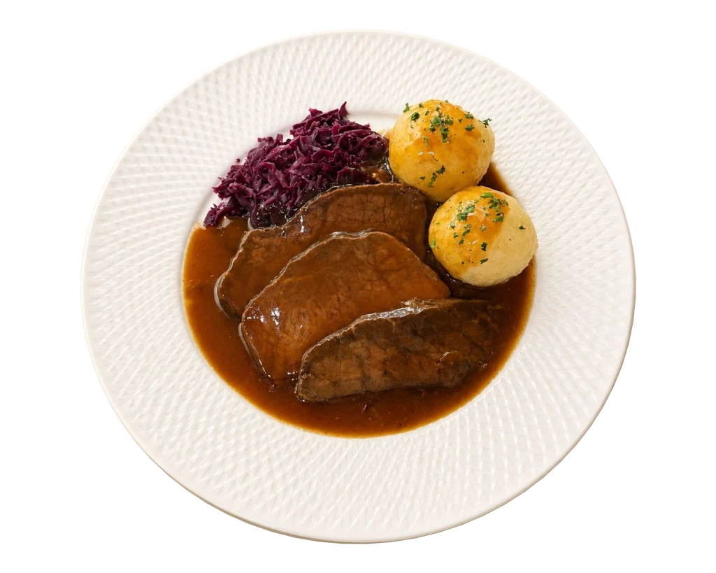 Rheingauer Sauerbraten mit Rotkohl, Kartoffelklößen und Bratensoße