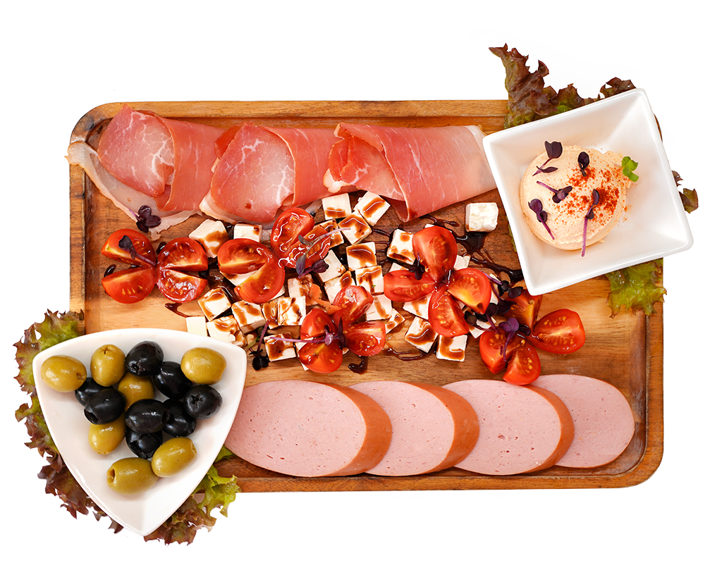 Rheingauer Tapasplatte Tapasplatte mit Schinken, Lyoner, Tomaten, Feta, Oliven und Frischkäse-Dip
