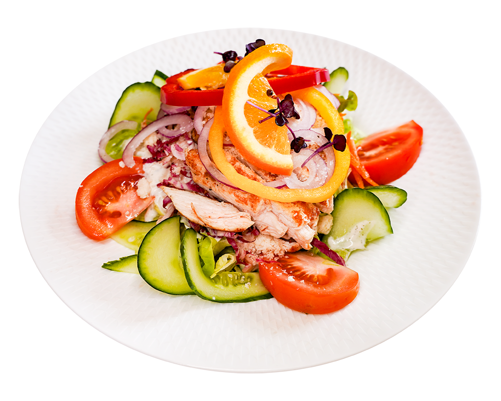 Frischer Salatteller mit gegrillter Hähnchenbrust und Zitrusnote Bunter Salatteller mit gegrillter Hähnchenbrust, Zwiebeln und Orangenscheiben