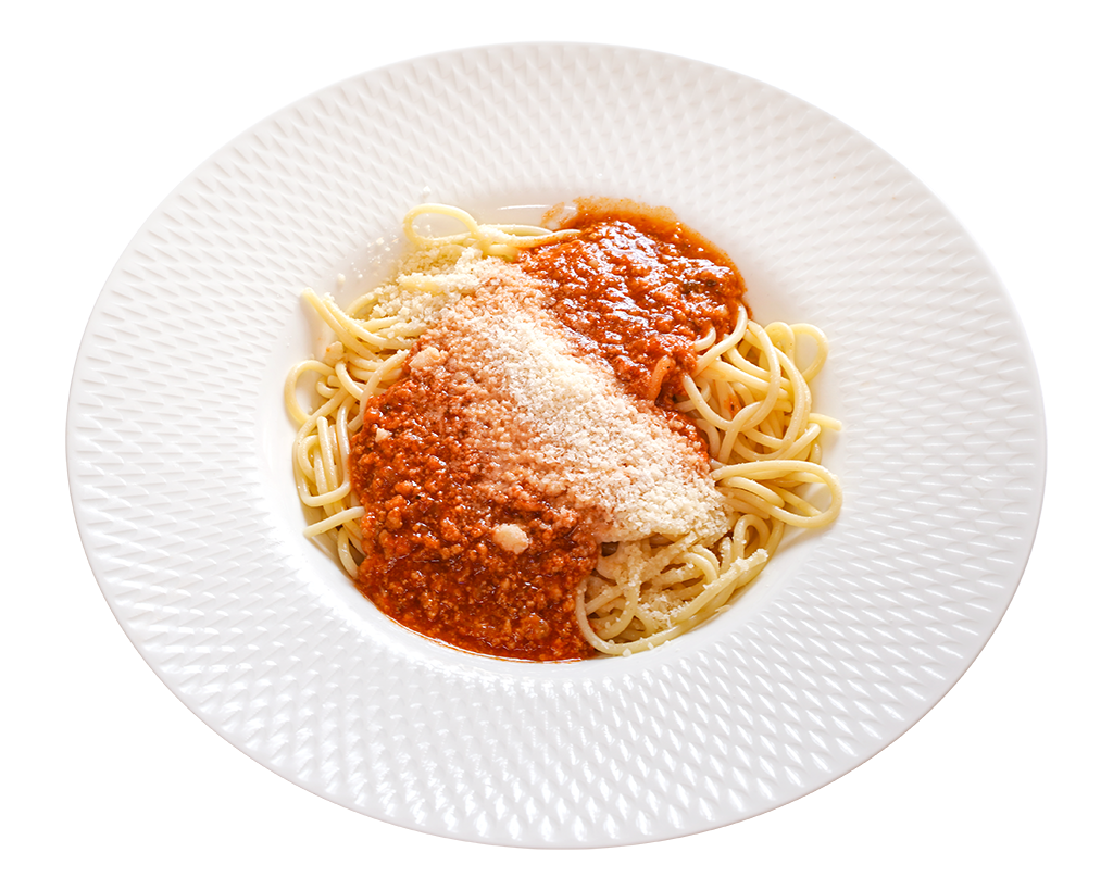 Klassische Spaghetti Bolognese mit Parmesan Spaghetti Bolognese mit Tomatenhackfleischsoße und geriebenem Parmesan