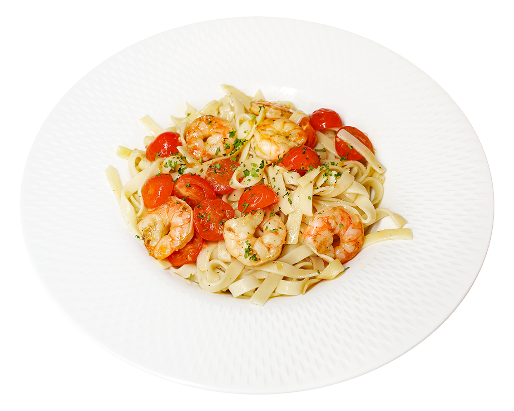 Tagliatelle mit Black Tiger Garnelen und frischen Tomaten Tagliatelle mit gegrillten Garnelen, Cherrytomaten und Kräutern