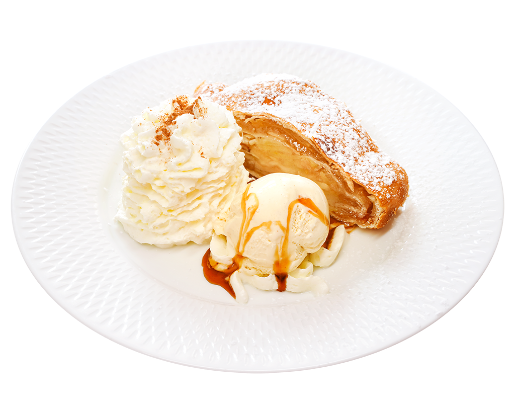 Apfelstrudel mit Vanilleeis und Sahne – Dessert Warmer Apfelstrudel mit Vanilleeis, Sahne und Karamellsauce